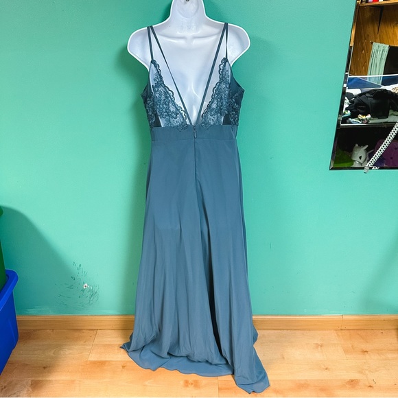 Azazie Dusty/ steele Blue Chiffon V-Neck A-Line Slit Bridesmaids Dress Size 14 - Picture 7 of 11